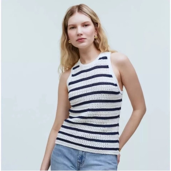 Madewell Navy and White Striped Crochet Tank - Picture 1 of 7